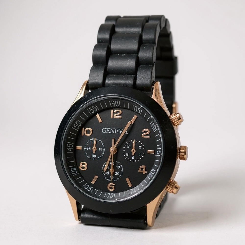 Geneva Watch Black Silicone Band Gold Accents Women's Fashion Wristwatch